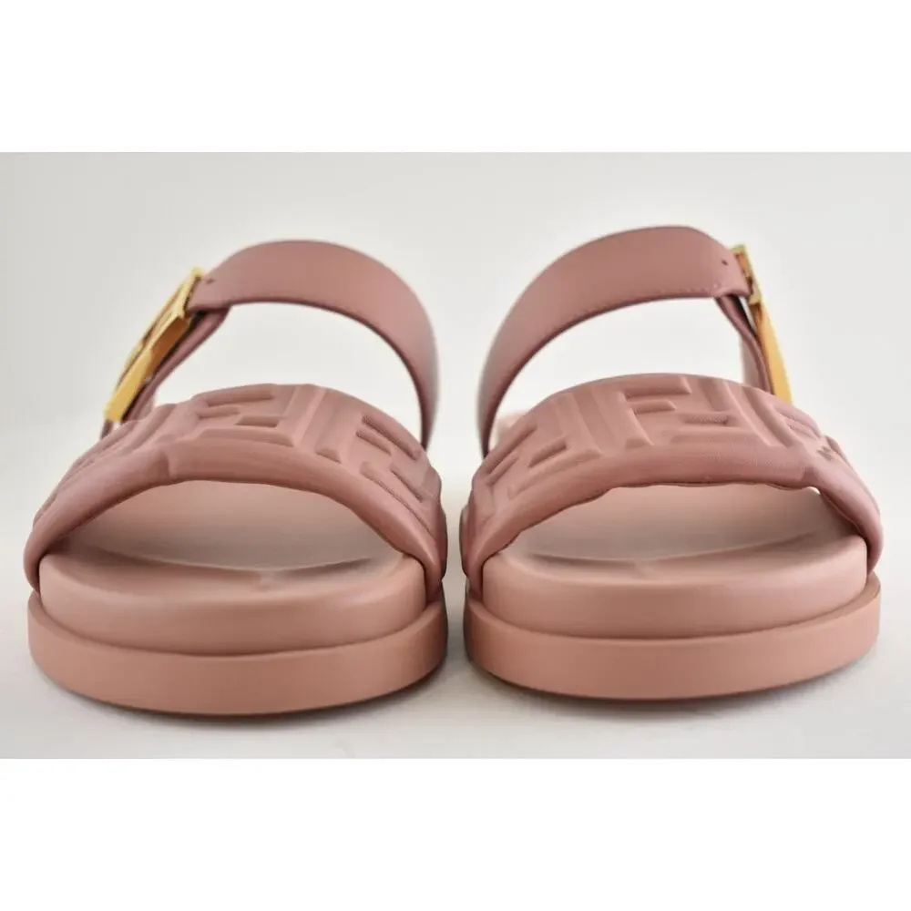Fendi Feel Slide Pink Brick Leather FF Baguette Logo Gold Mule Flat Sandal 37